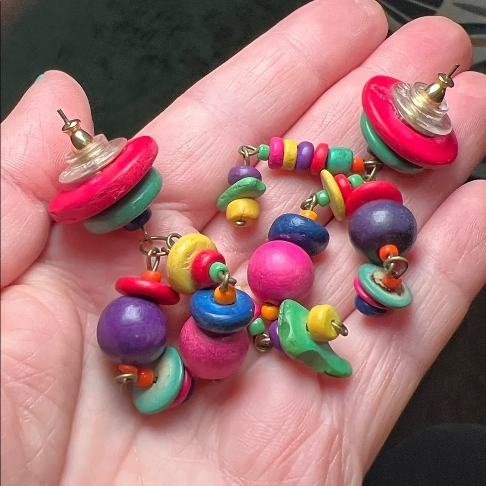 Funky VTG 80s 90s Boho Colorful Multicolor Wood Beaded Statement Earrings